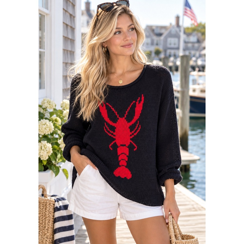 Wooden Ships Paola Buendia Navy Blue Red Lobster Roll Neck Sweater M/L Coastal